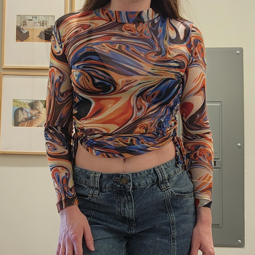 Abstract Swirl Tye-Dye Long Sleeve Forever 21 Mesh Top